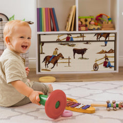 Sweet Jojo Designs toy bin open lid for quick cleanup and access.