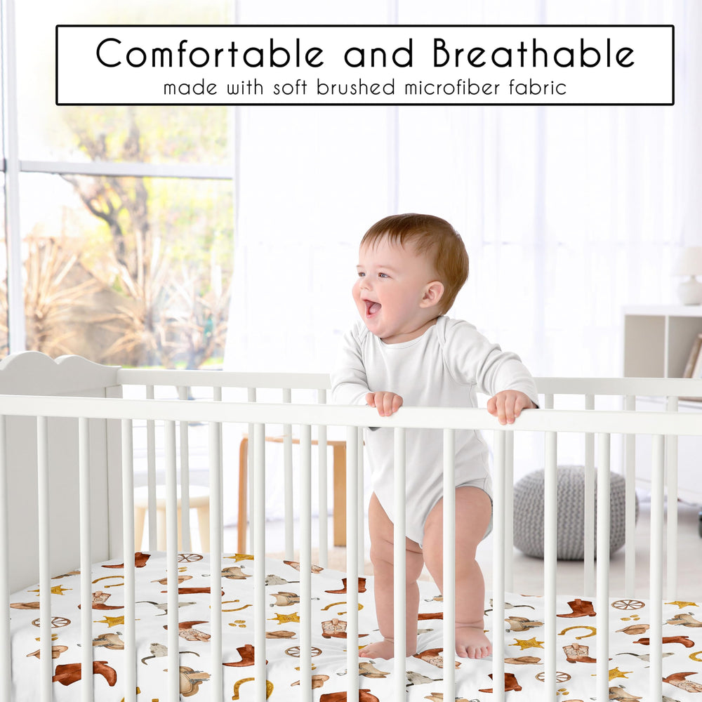 Sweet Jojo Designs crib sheet with elastic bottom edge for a secure, snug fit.