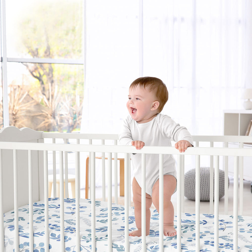 Sweet Jojo Designs crib sheet with elastic bottom for a secure fit on standard cribs.