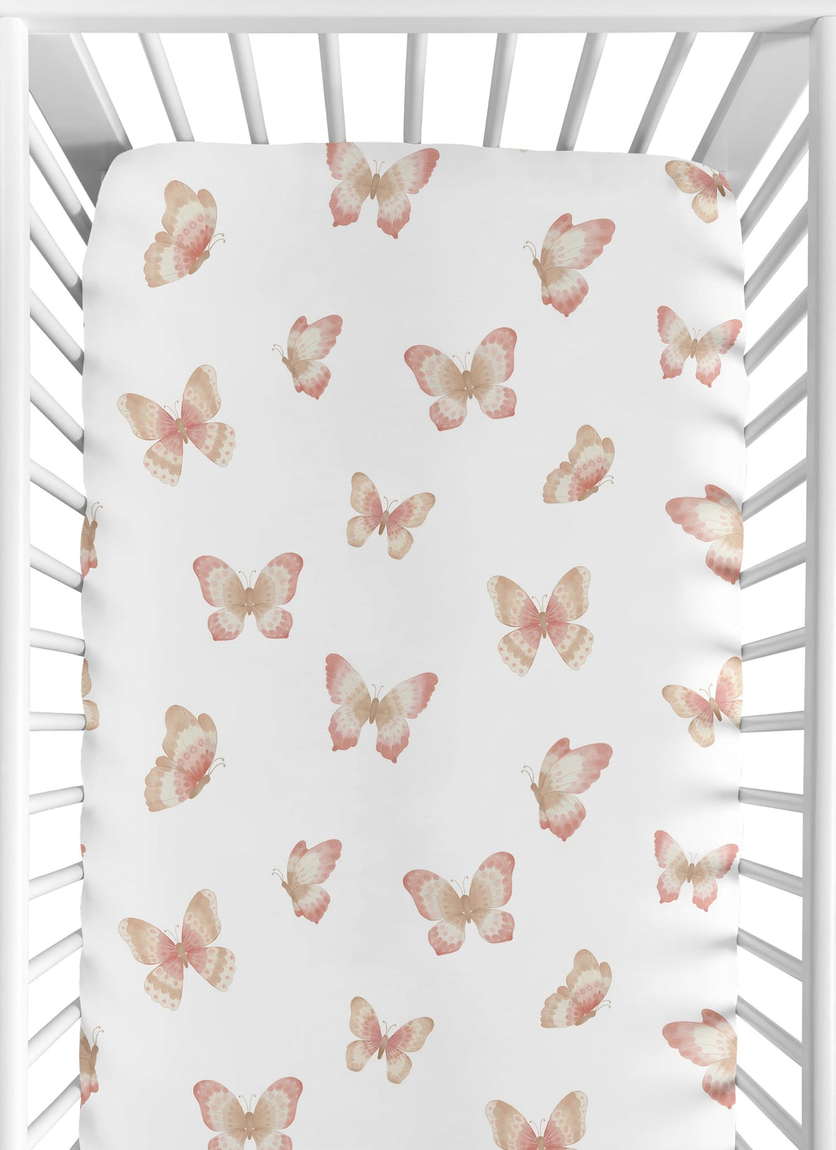 Sweet Jojo Designs crib sheet front view in pink taupe boho butterfly for cozy sleep.
