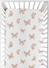 Sweet Jojo Designs crib sheet front view in pink taupe boho butterfly for cozy sleep.