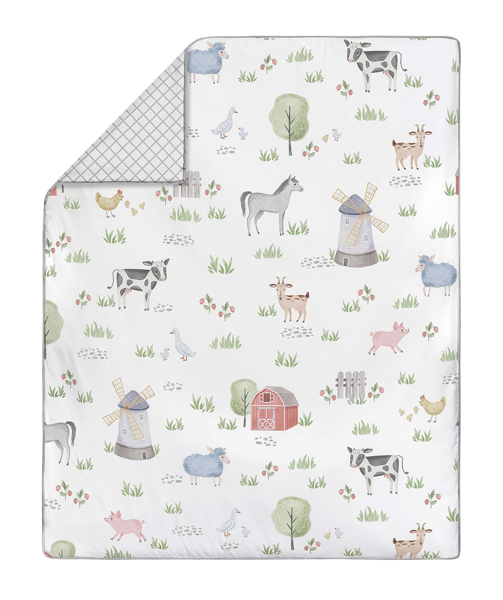 Sweet Jojo Designs crib skirt adds farmhouse charm and color contrast.