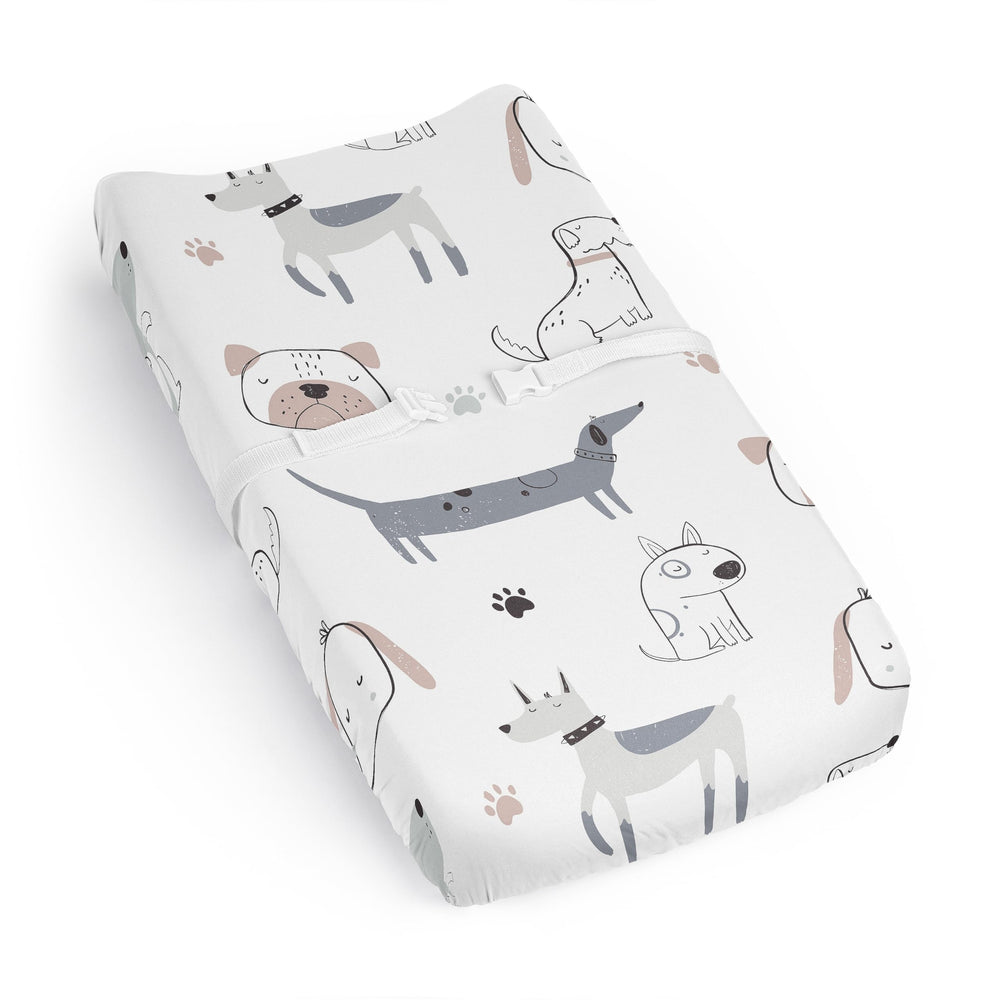 Sweet Jojo Designs dog watercolor puppies changing pad cover provides soft comfort for diaper changes