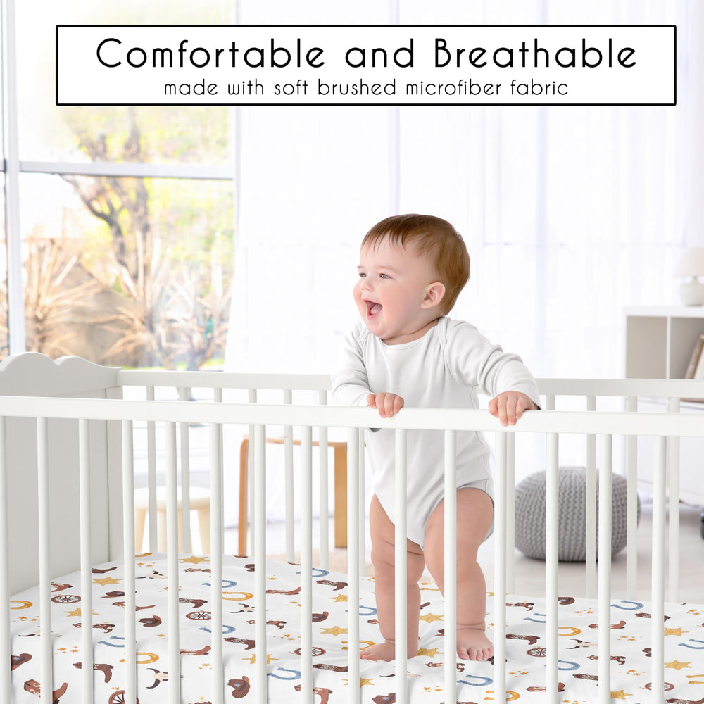 Sweet Jojo Designs elastic-edge crib sheet ensures quick changes and a tight fit on standard cribs