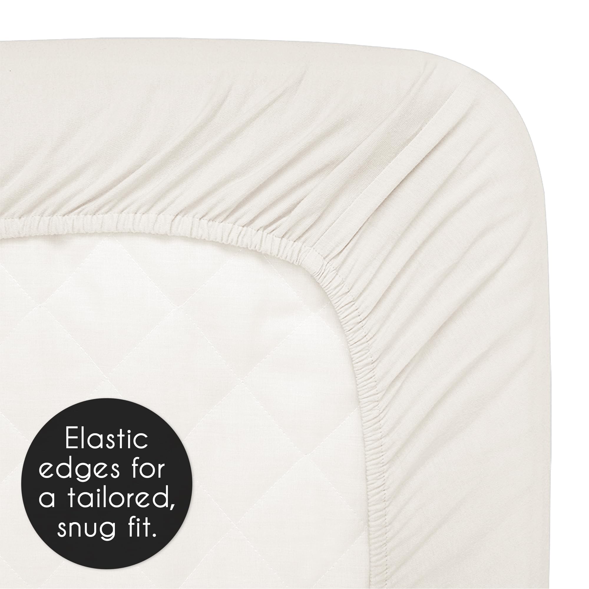 Sweet Jojo Designs elastic edge top-stitched for secure, snug fit on standard cribs.