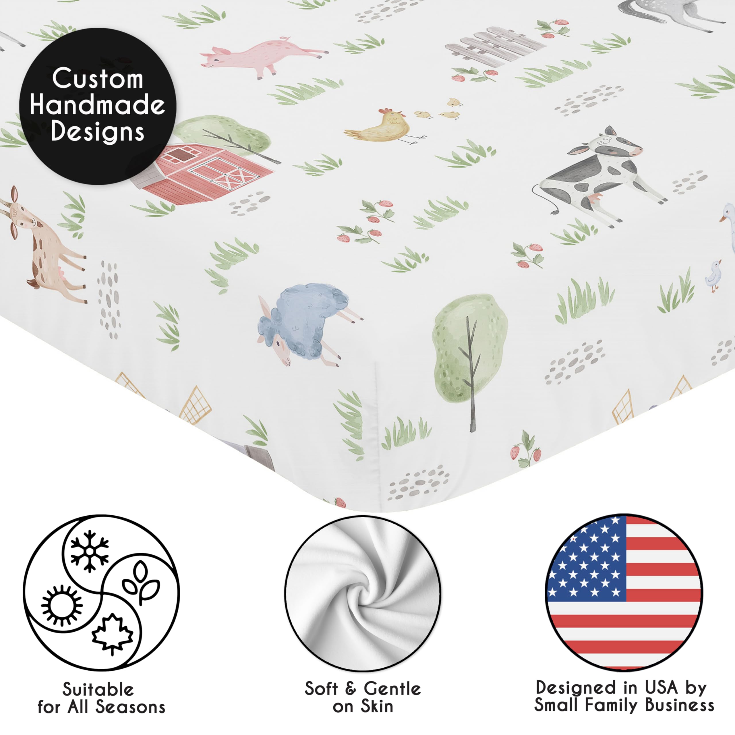 Sweet Jojo Designs watercolor farm print crib sheet enhances farmhouse nursery.