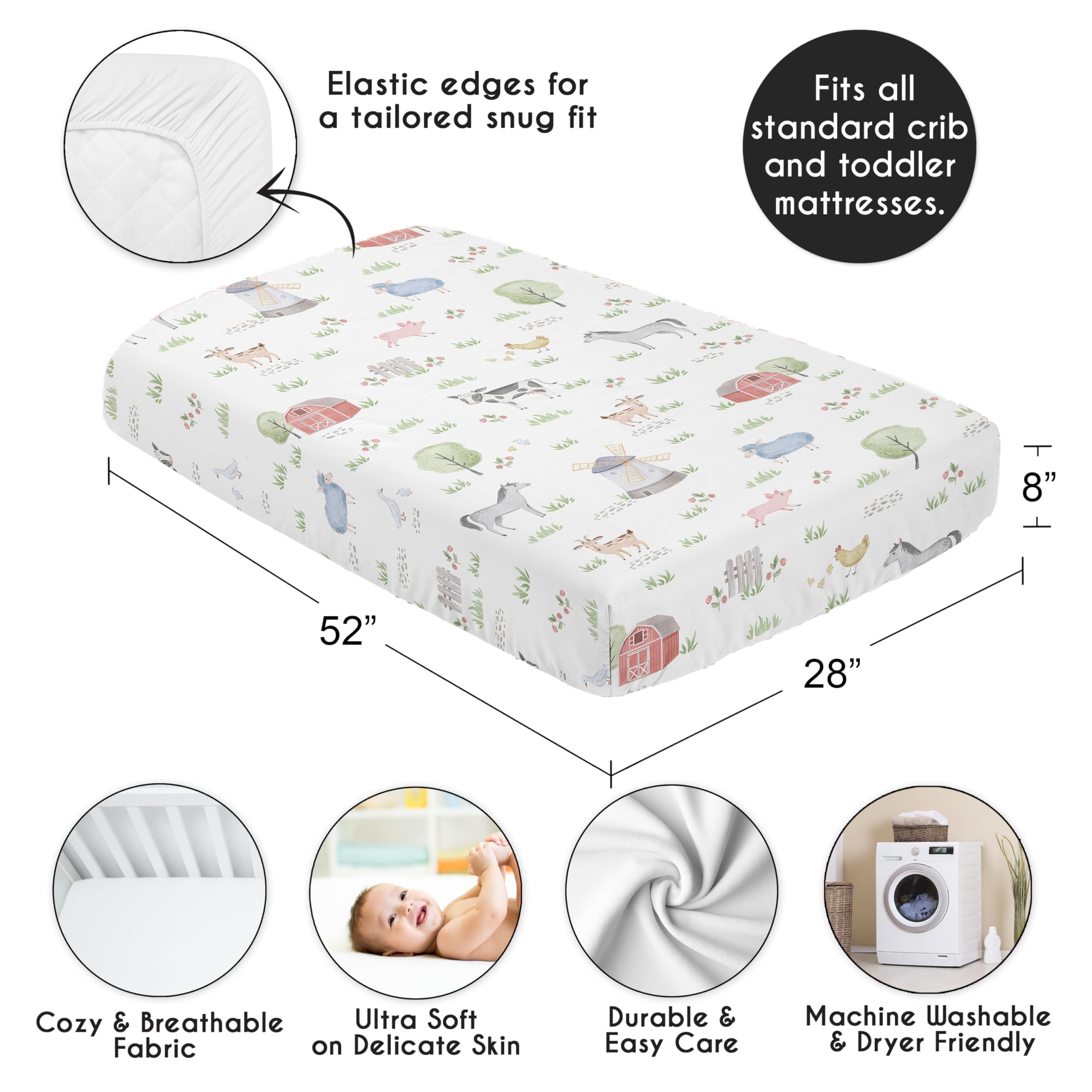 Sweet Jojo Designs farm animals crib sheet with rustic charm for toddlers.