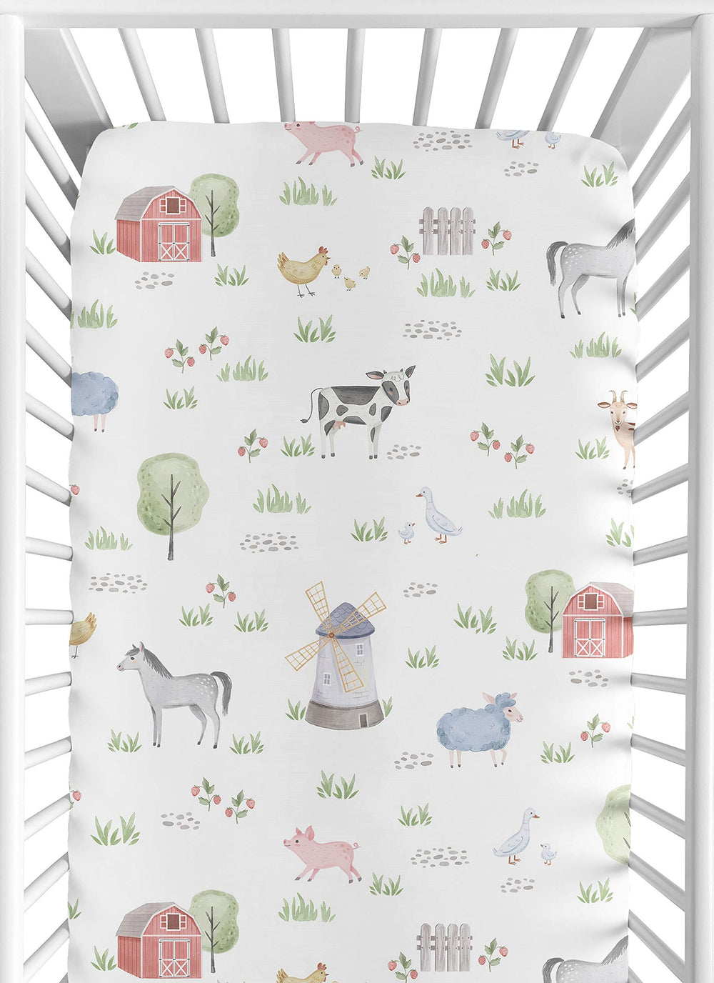 Sweet Jojo Designs farm animals watercolor print crib sheet for a soothing nursery.