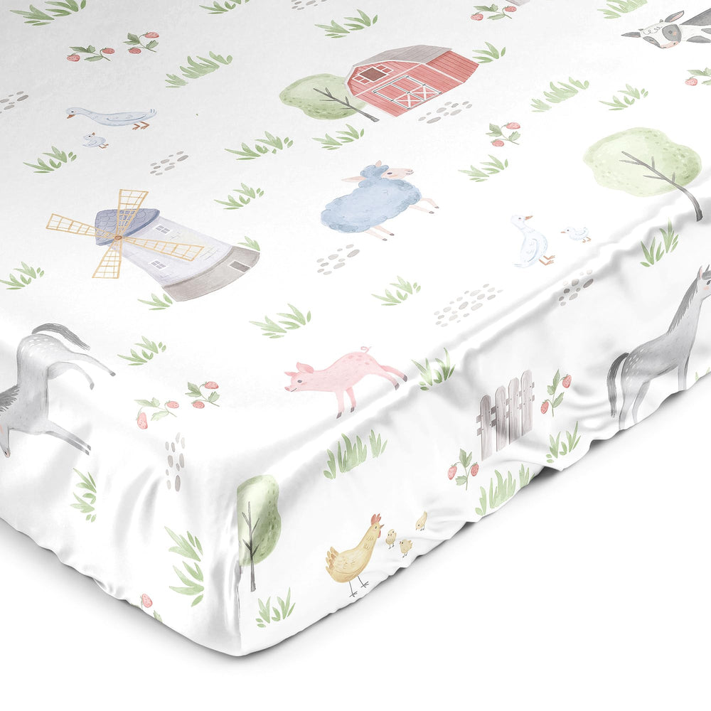 Sweet Jojo Designs farm animals satin crib sheet closeup showing soft texture and gentle touch