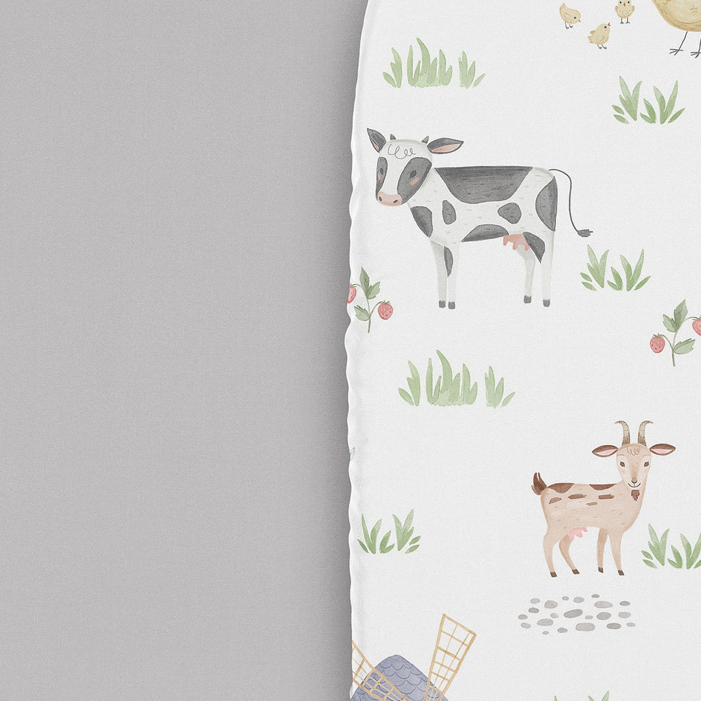 Sweet Jojo Designs bassinet sheet with watercolor chickens for neutral nursery decor.