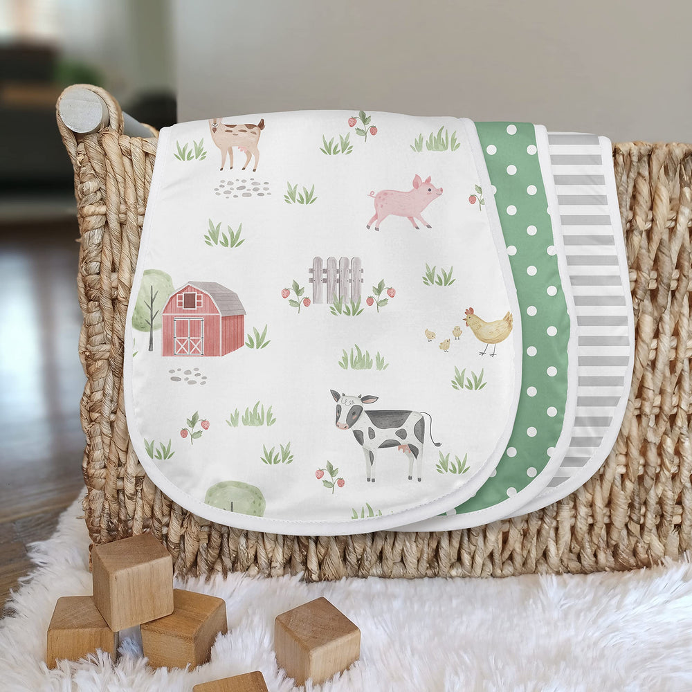 Sweet Jojo Designs burp cloths in red, black, and white farmhouse stripes for quick drool cleanup.