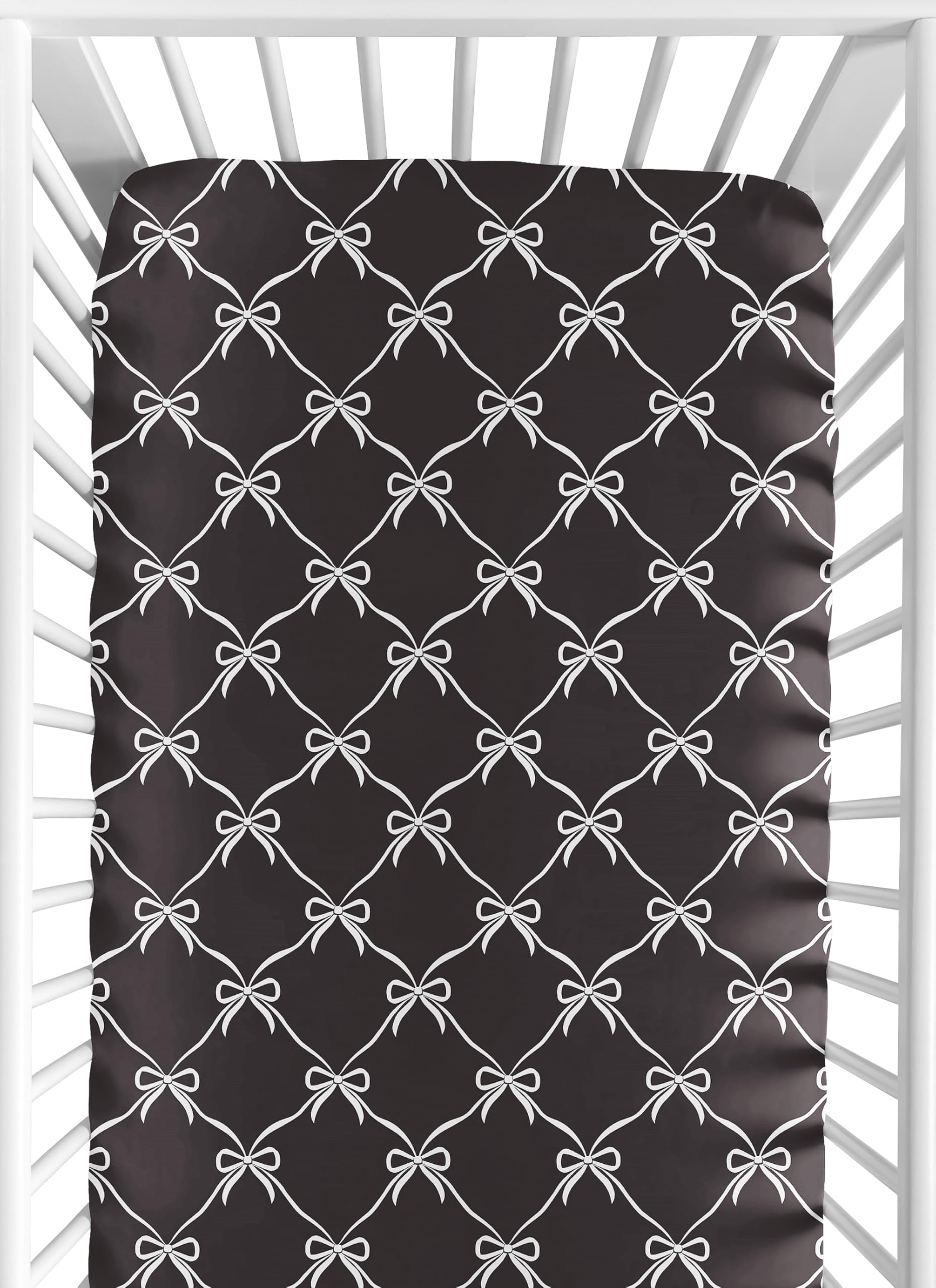 Sweet Jojo Designs fitted crib sheet with black and white bows creates a cozy sleep space.