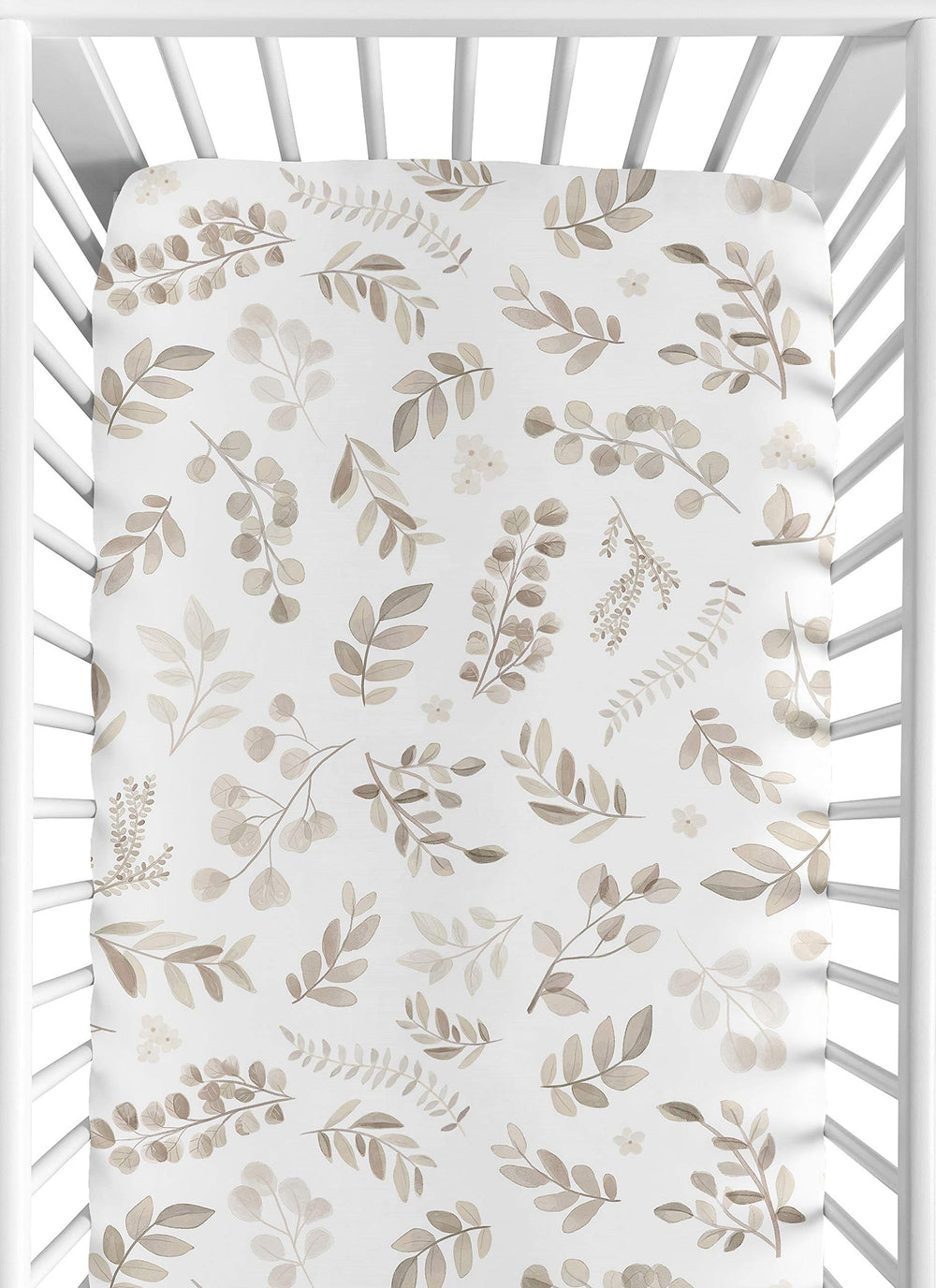 Sweet Jojo Designs fitted crib sheet with Boho Taupe Floral Leaf print for a secure, soft sleep