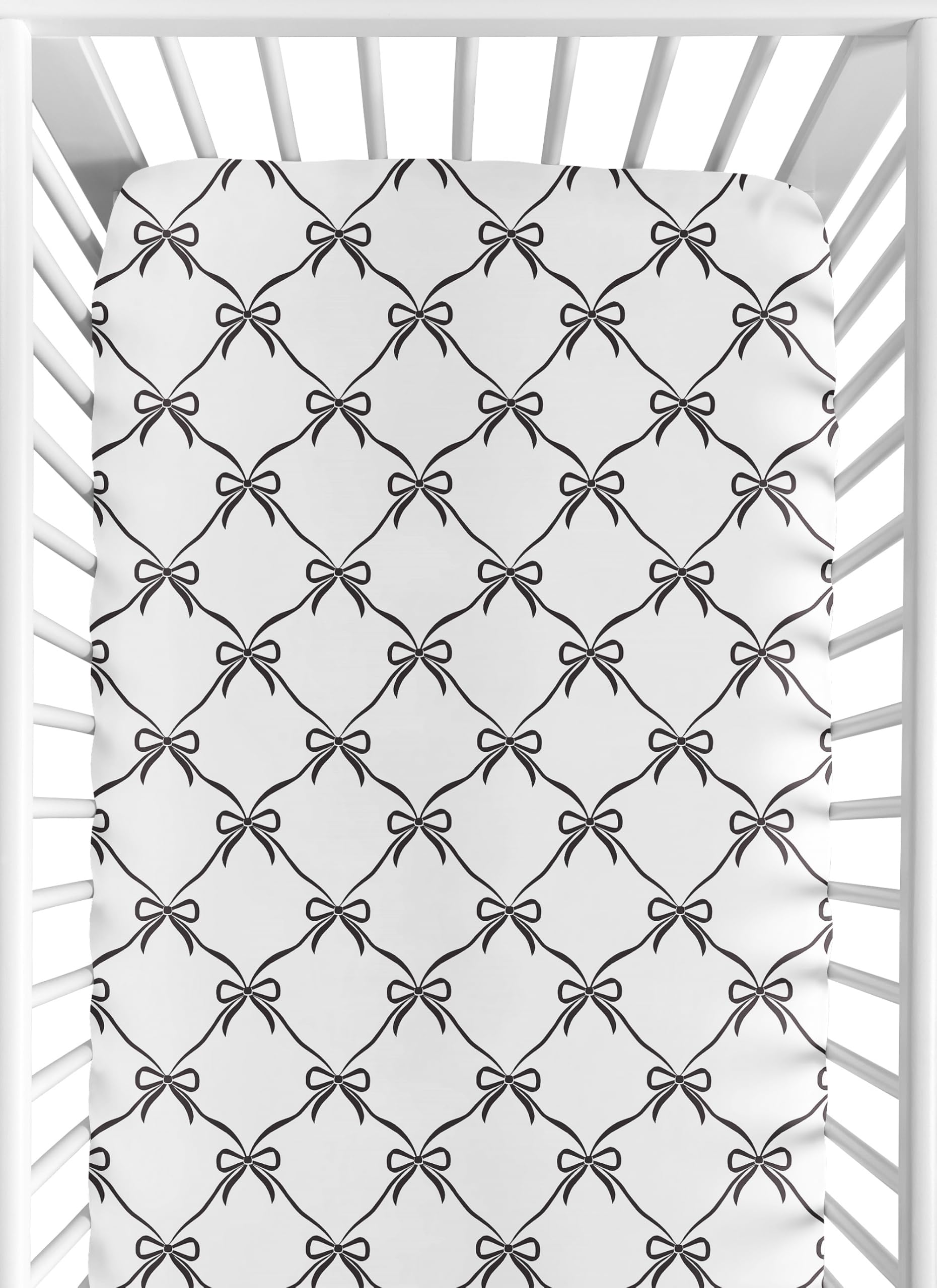 Sweet Jojo Designs fitted crib sheet with black bows offers a snug, stylish nursery