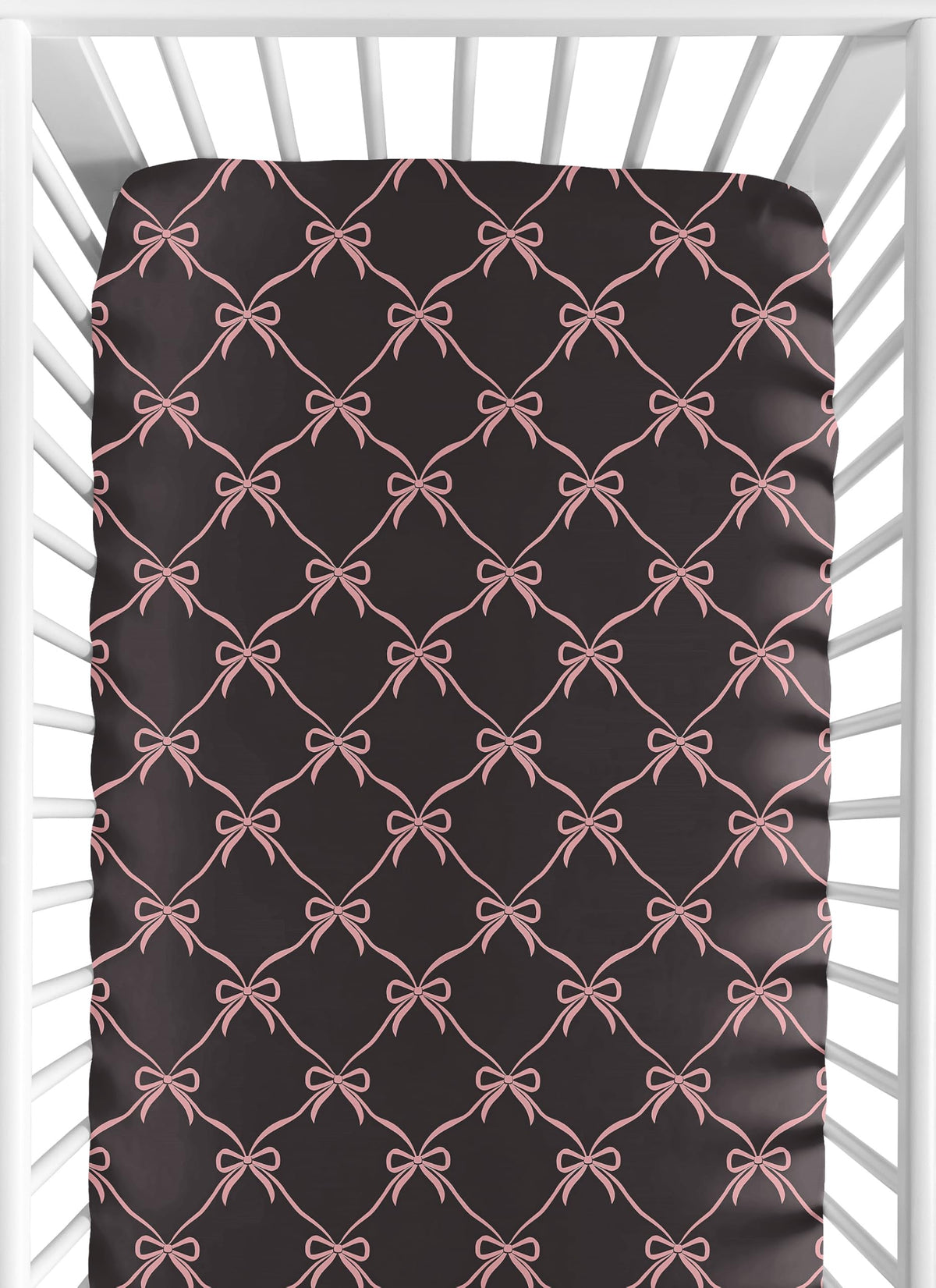 Sweet Jojo Designs fitted crib sheet with black and pink bows for a snug fit.