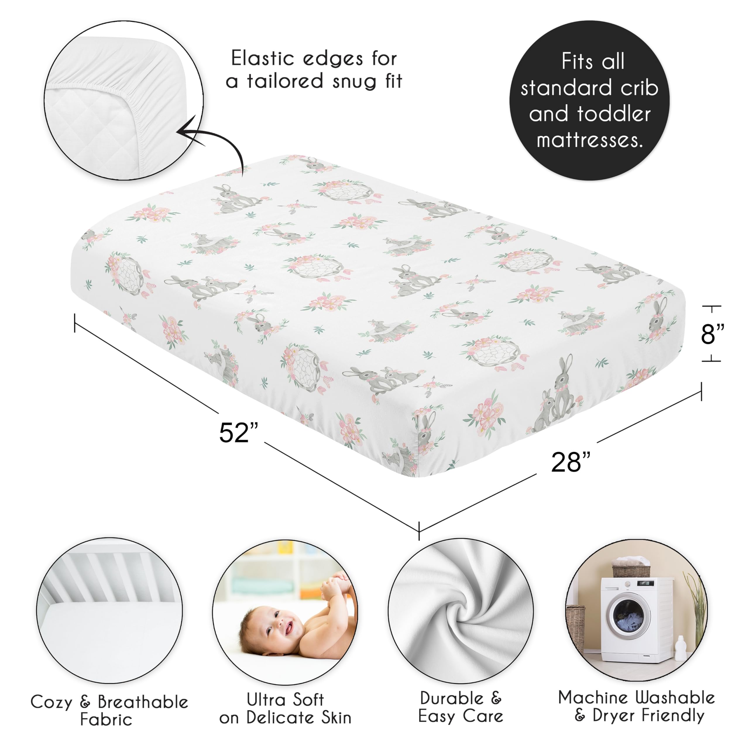 Sweet Jojo Designs bunny floral crib sheet adds playful charm and breathable comfort.