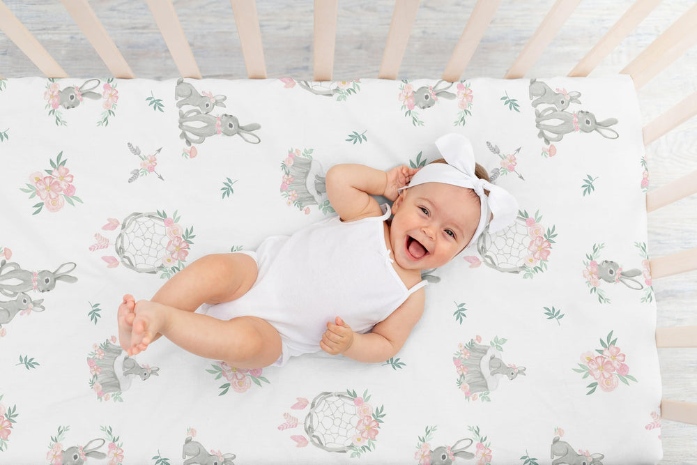 Sweet Jojo Designs pink grey theme crib sheet for gender-neutral style and easy care.