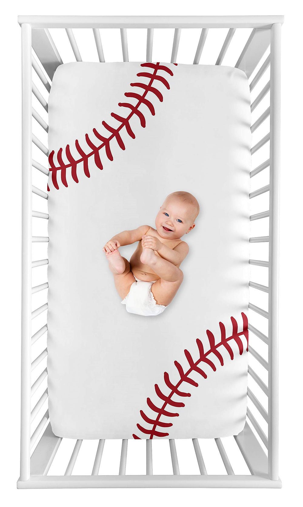 Sweet Jojo Designs fitted crib sheet with red and white baseball print for a cozy sleep space.