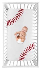 Sweet Jojo Designs fitted crib sheet with red and white baseball print for a cozy sleep space.