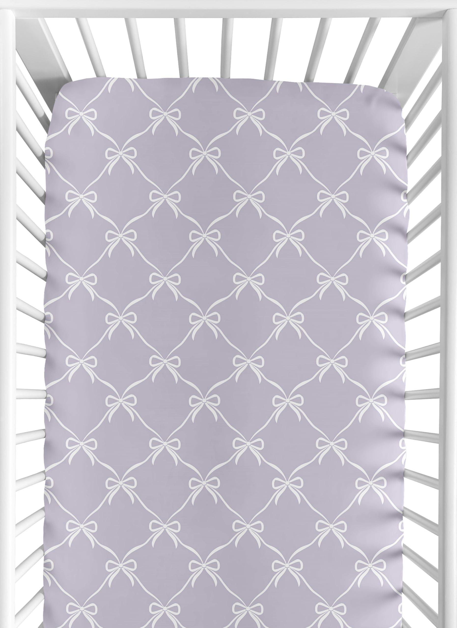 Sweet Jojo Designs fitted crib sheet in white and purple bows for a cozy nursery