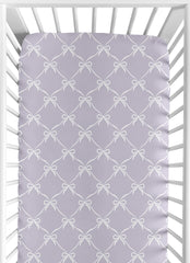 Sweet Jojo Designs fitted crib sheet in white and purple bows for a cozy nursery