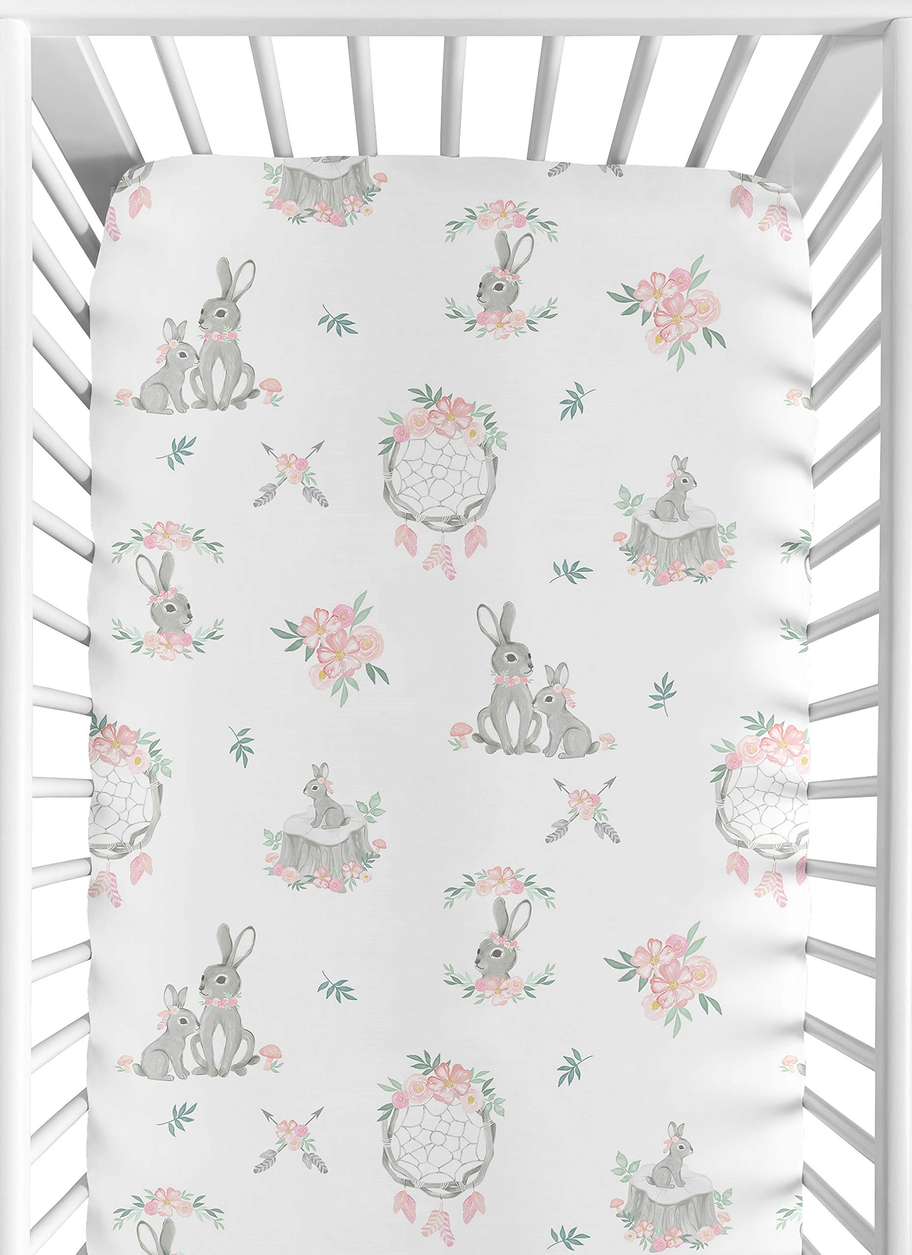 Sweet Jojo Designs crib sheet in woodland boho floral for a snug, gentle sleep surface.
