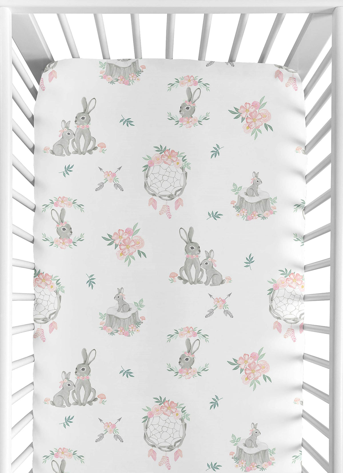 Sweet Jojo Designs crib sheet in woodland boho floral for a snug, gentle sleep surface.