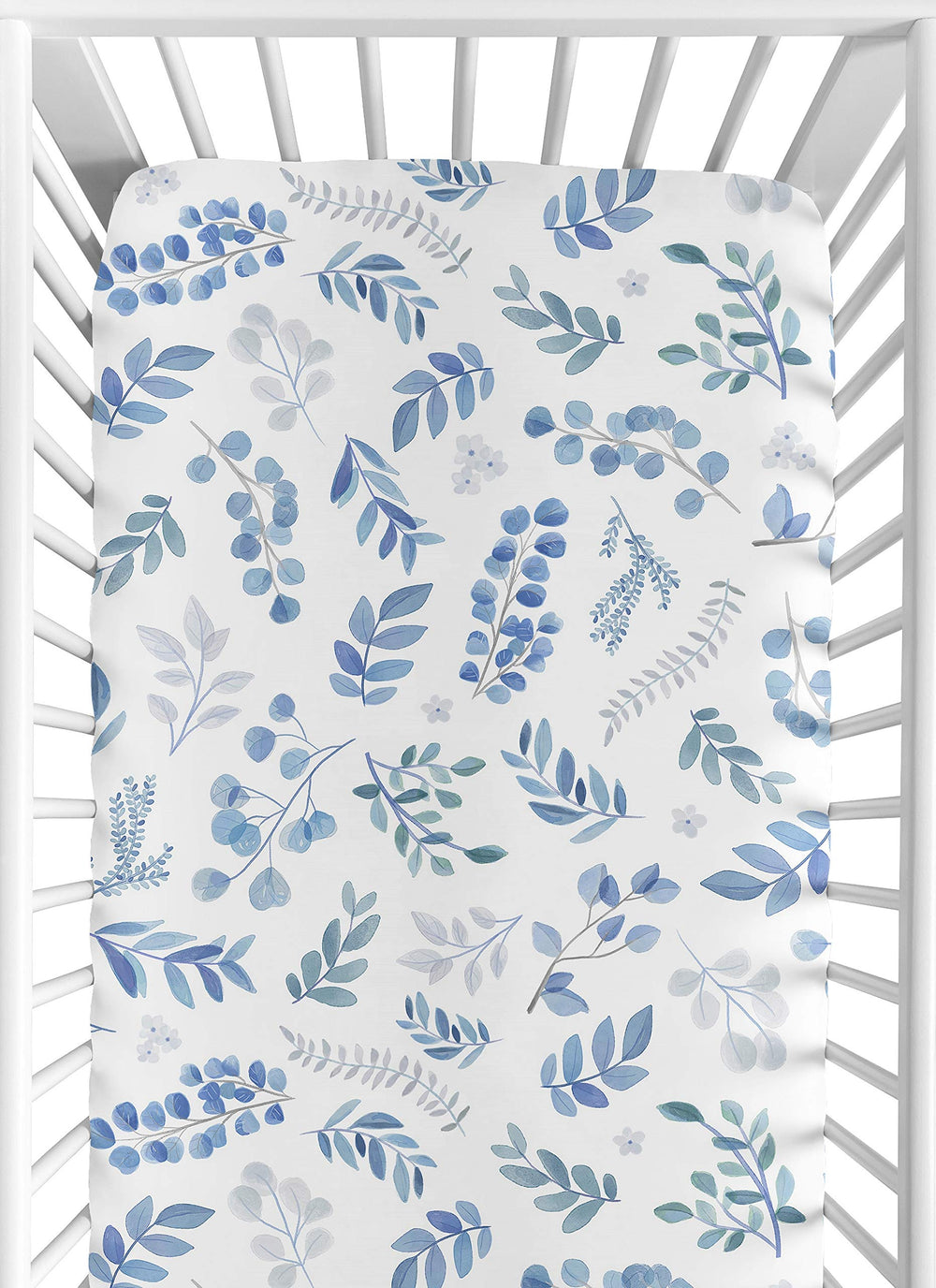 Sweet Jojo Designs floral leaf crib sheet in blue grey white; soft microfiber for nap time comfort.