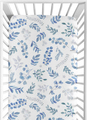 Sweet Jojo Designs floral leaf crib sheet in blue grey white; soft microfiber for nap time comfort.