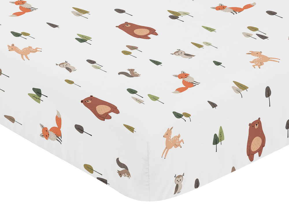 Sweet Jojo Designs forest fox deer squirrel crib sheet supports easy care.