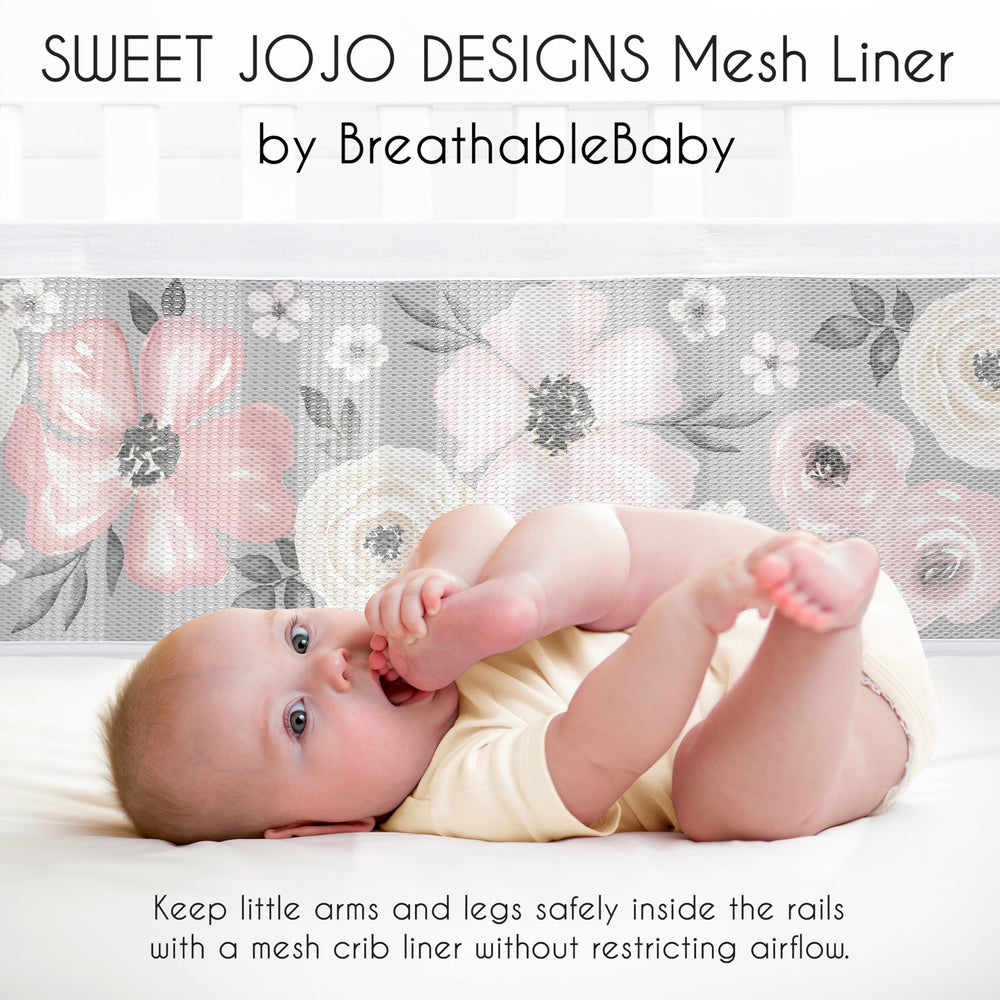 Closeup of Sweet Jojo Designs gray boho floral print on mesh liner.