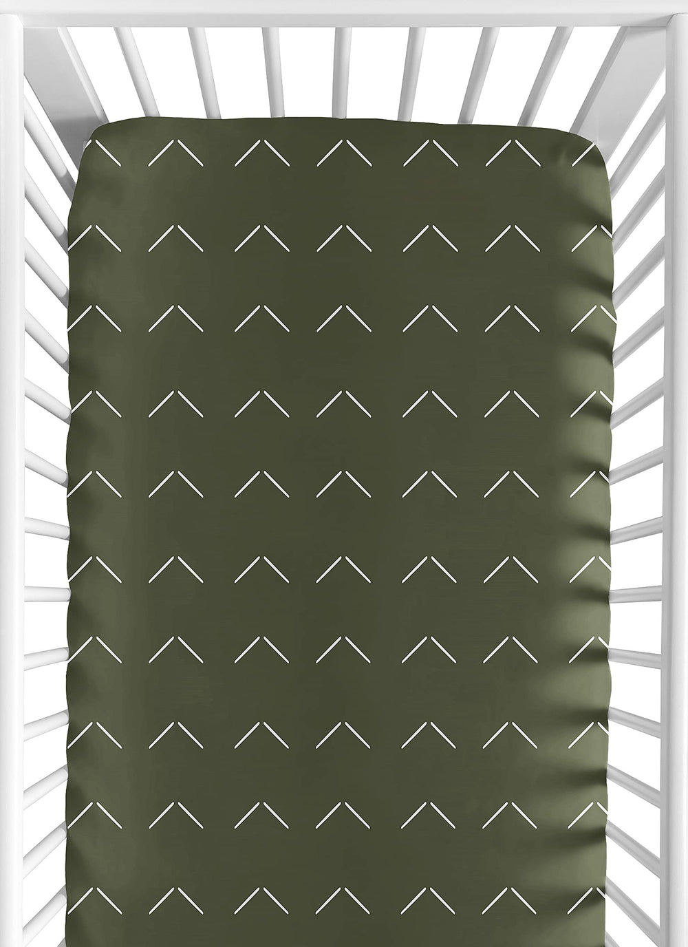 Sweet Jojo Designs green white boho arrow crib sheet with snug fit for standard cribs.