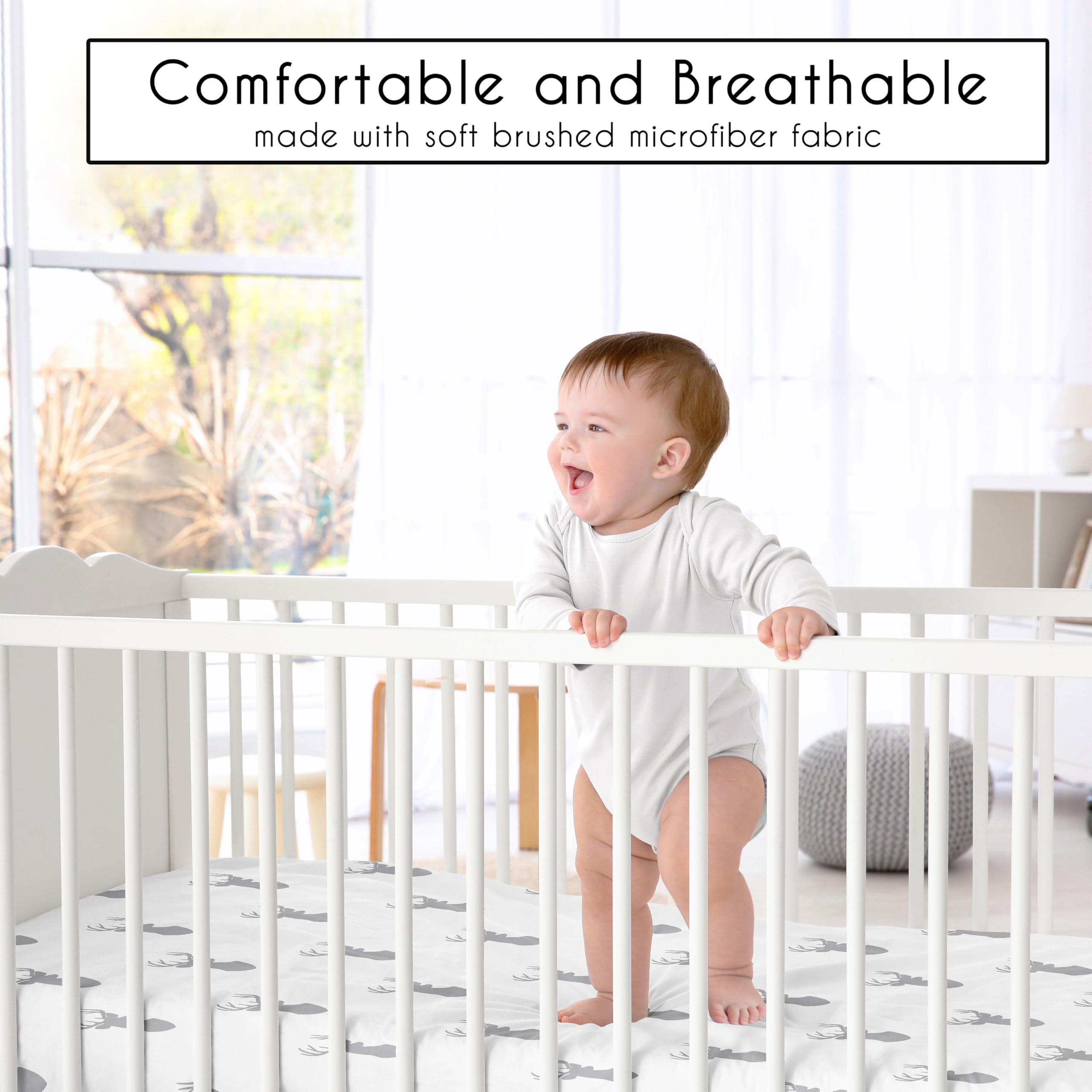 Sweet Jojo Designs Grey Stag Antler woodland crib sheet with secure fit and easy care