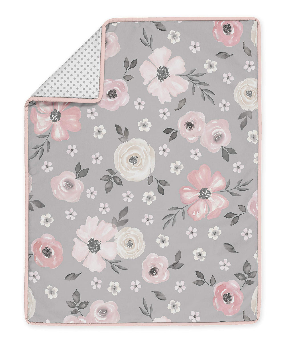 Sweet Jojo Designs grey watercolor floral crib skirt, tidy nursery look and easy dress-up