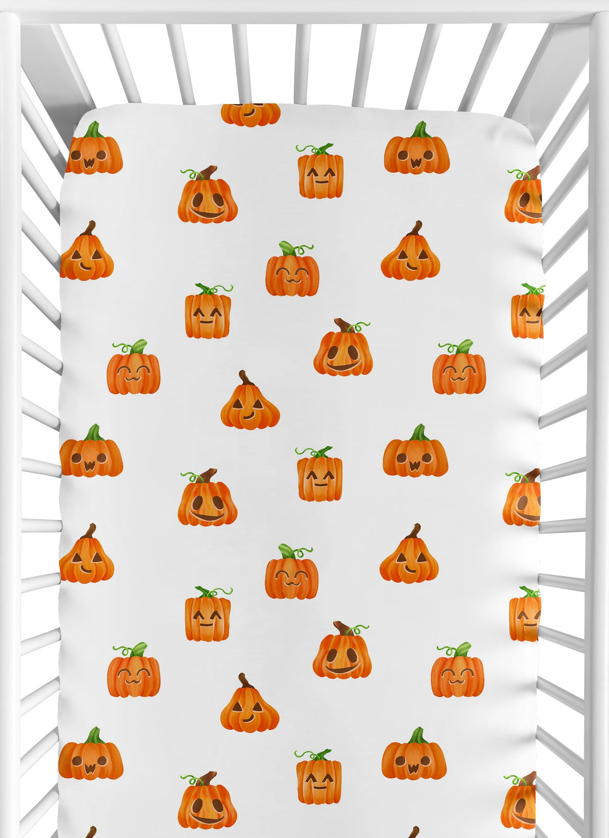 Sweet Jojo Designs Halloween pumpkins crib sheet in orange offers a soft, snug fit.