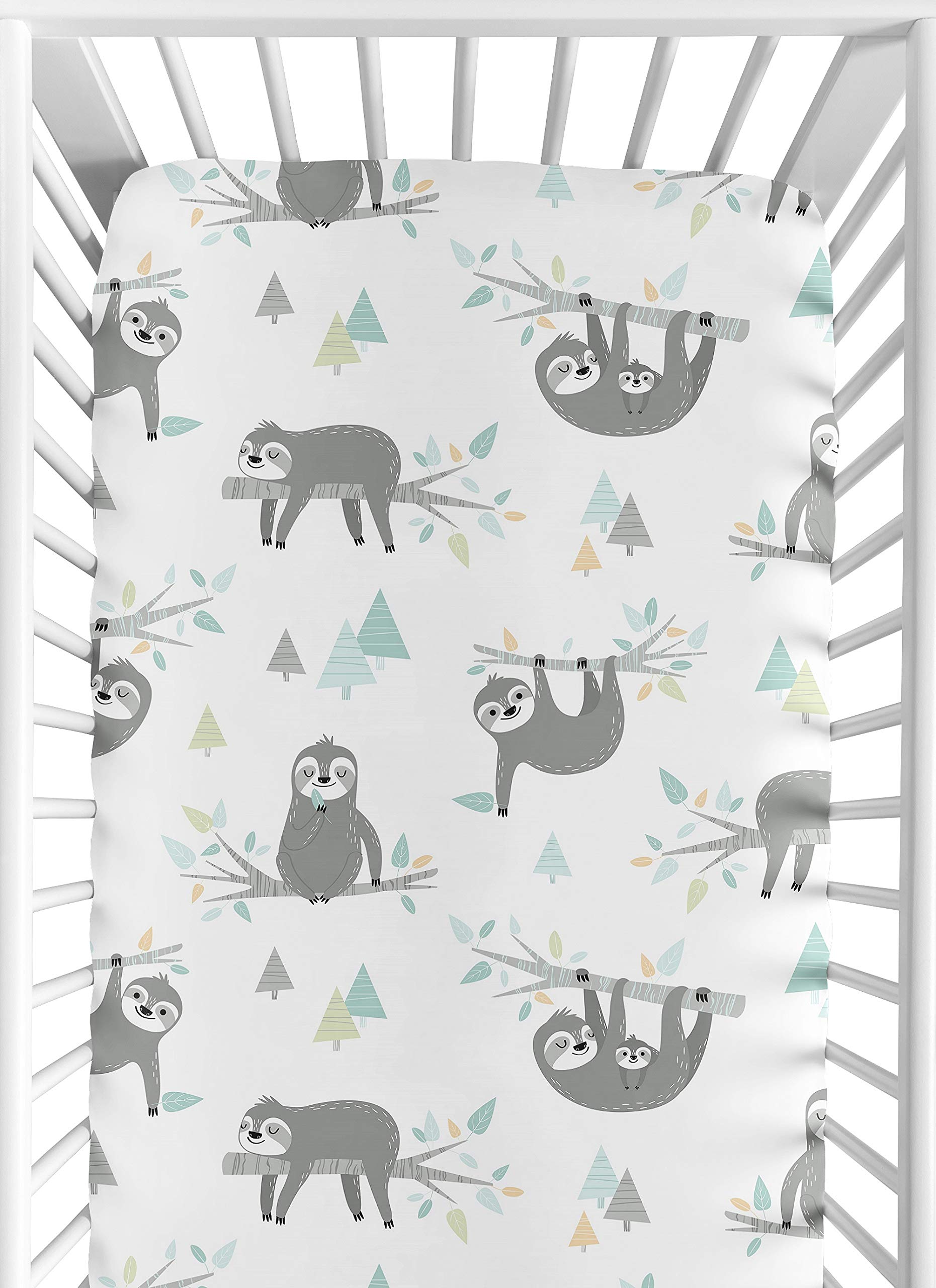 Sweet Jojo Designs Jungle Sloth fitted crib sheet offers a cozy jungle print for a calm nursery.