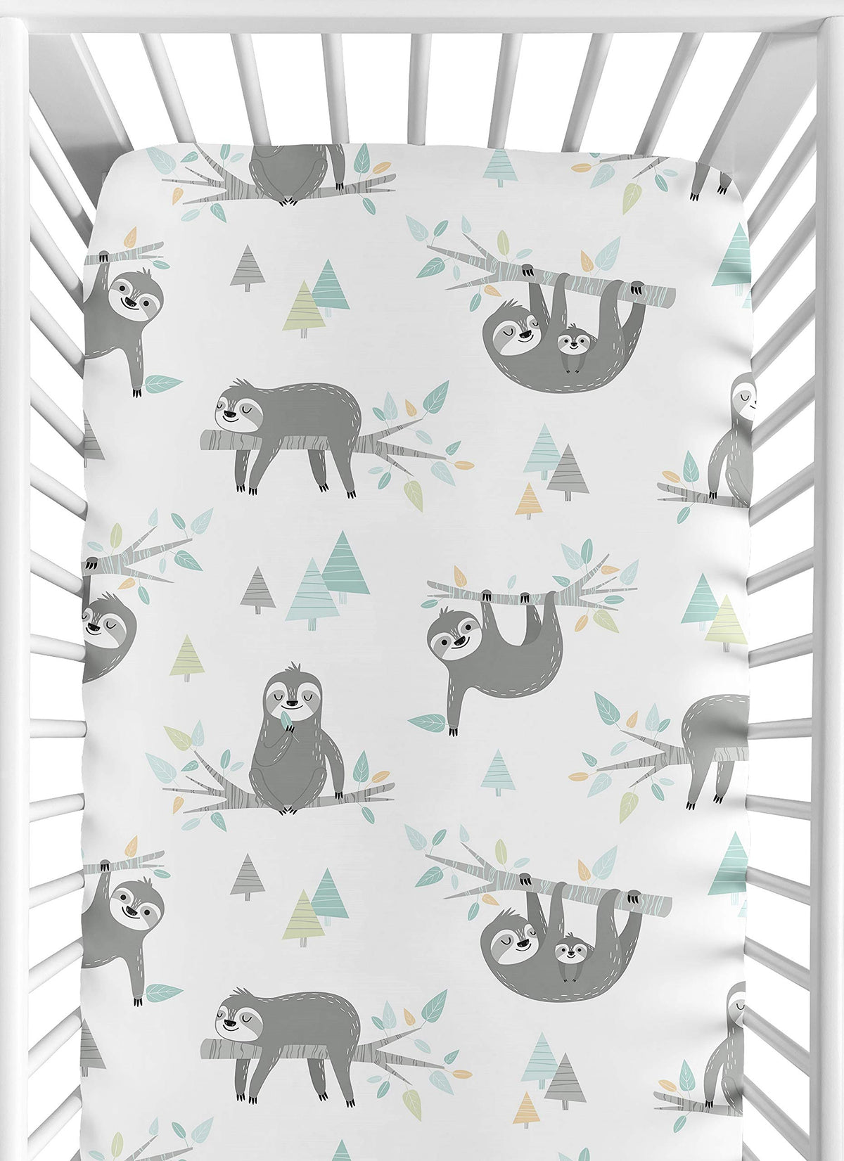 Sweet Jojo Designs Jungle Sloth fitted crib sheet offers a cozy jungle print for a calm nursery.