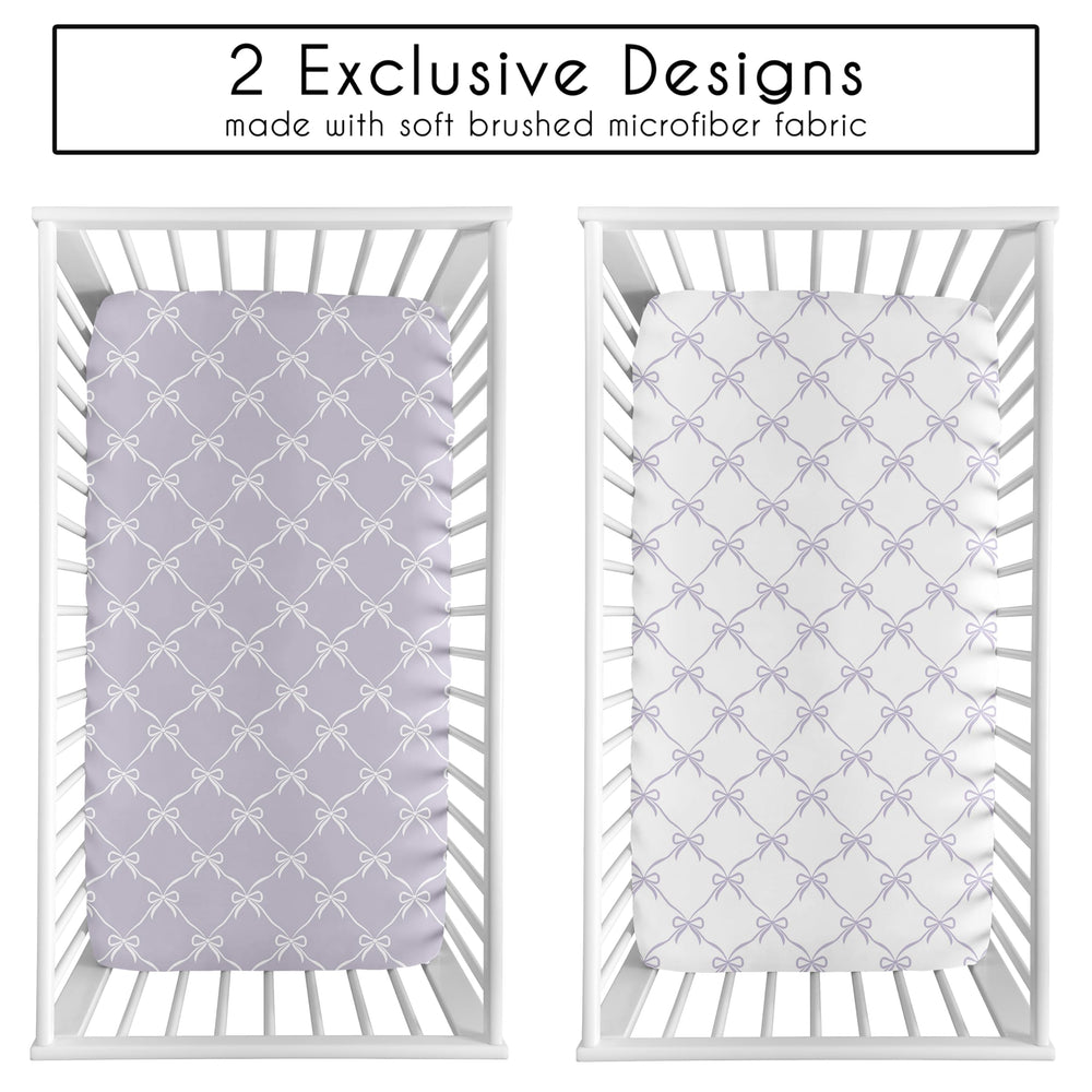 Sweet Jojo Designs lavender bows crib sheet – side view shows elastic edge.