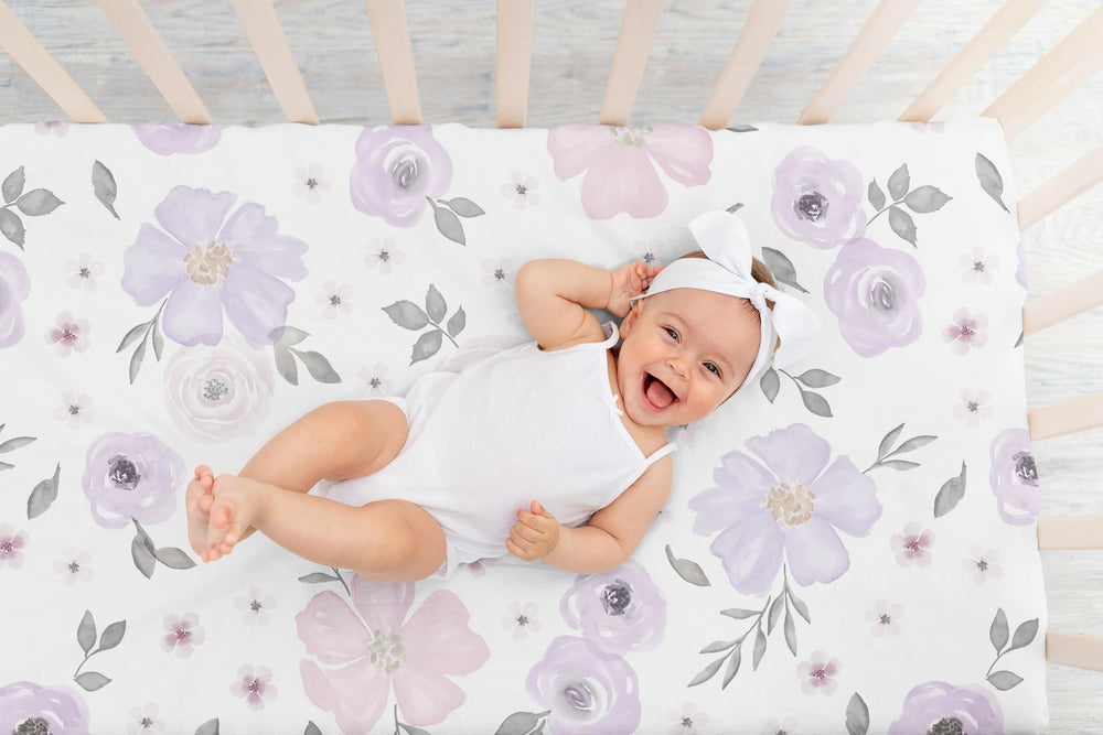 Sweet Jojo Designs lavender grey floral pattern close-up, breathable microfiber for comfortable sleep