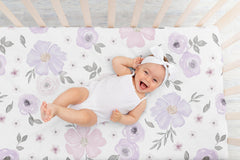 Sweet Jojo Designs lavender grey floral pattern close-up, breathable microfiber for comfortable sleep