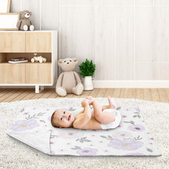Sweet Jojo Designs lavender-pink-grey baby blanket in a car seat setup for travel