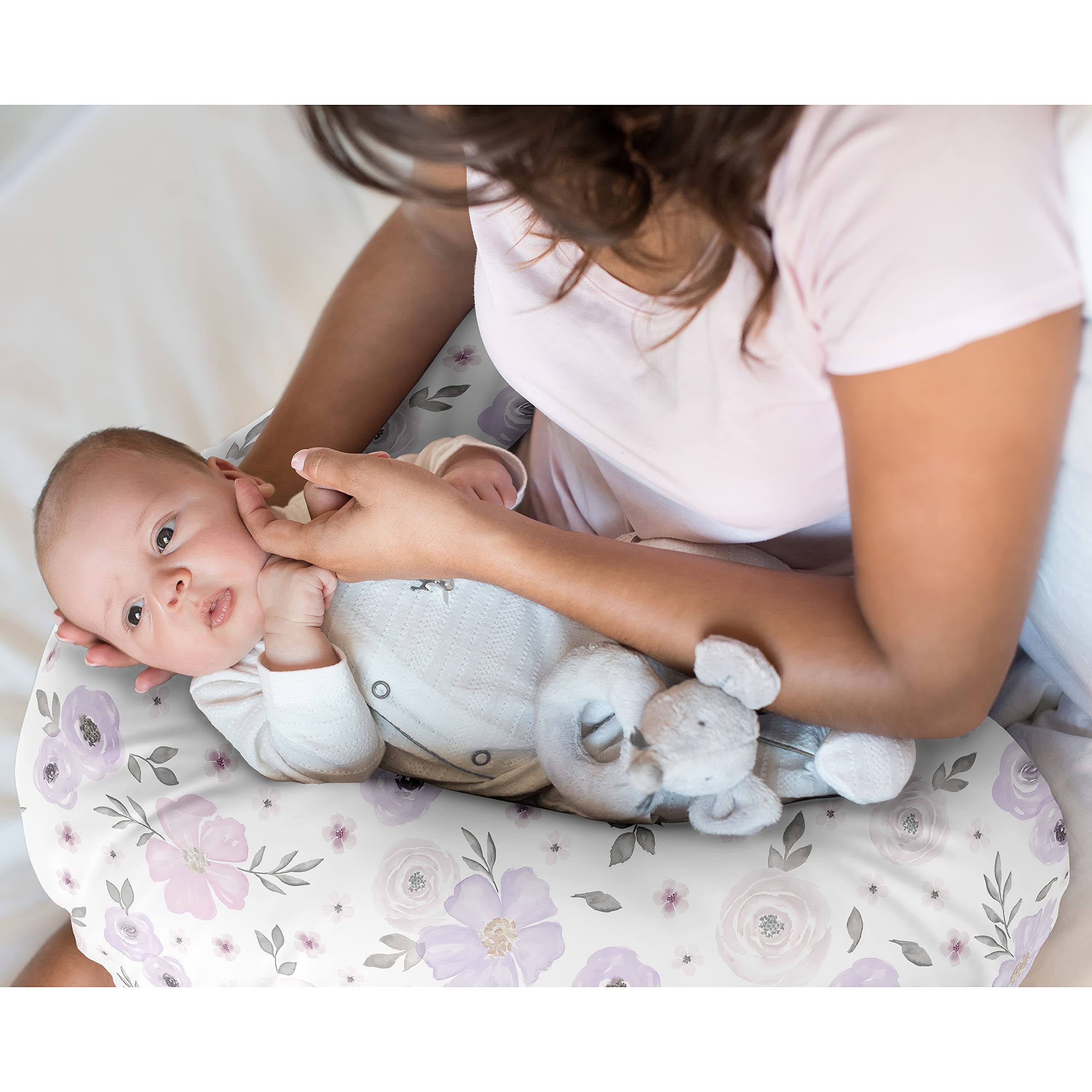 Sweet Jojo Designs lavender pink grey floral cover adds soft color to feeding time