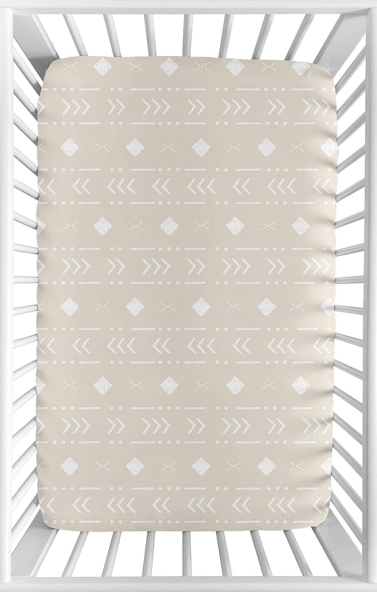 Sweet Jojo Designs mini crib sheet in boho aztec print ensures secure fit on portable cribs