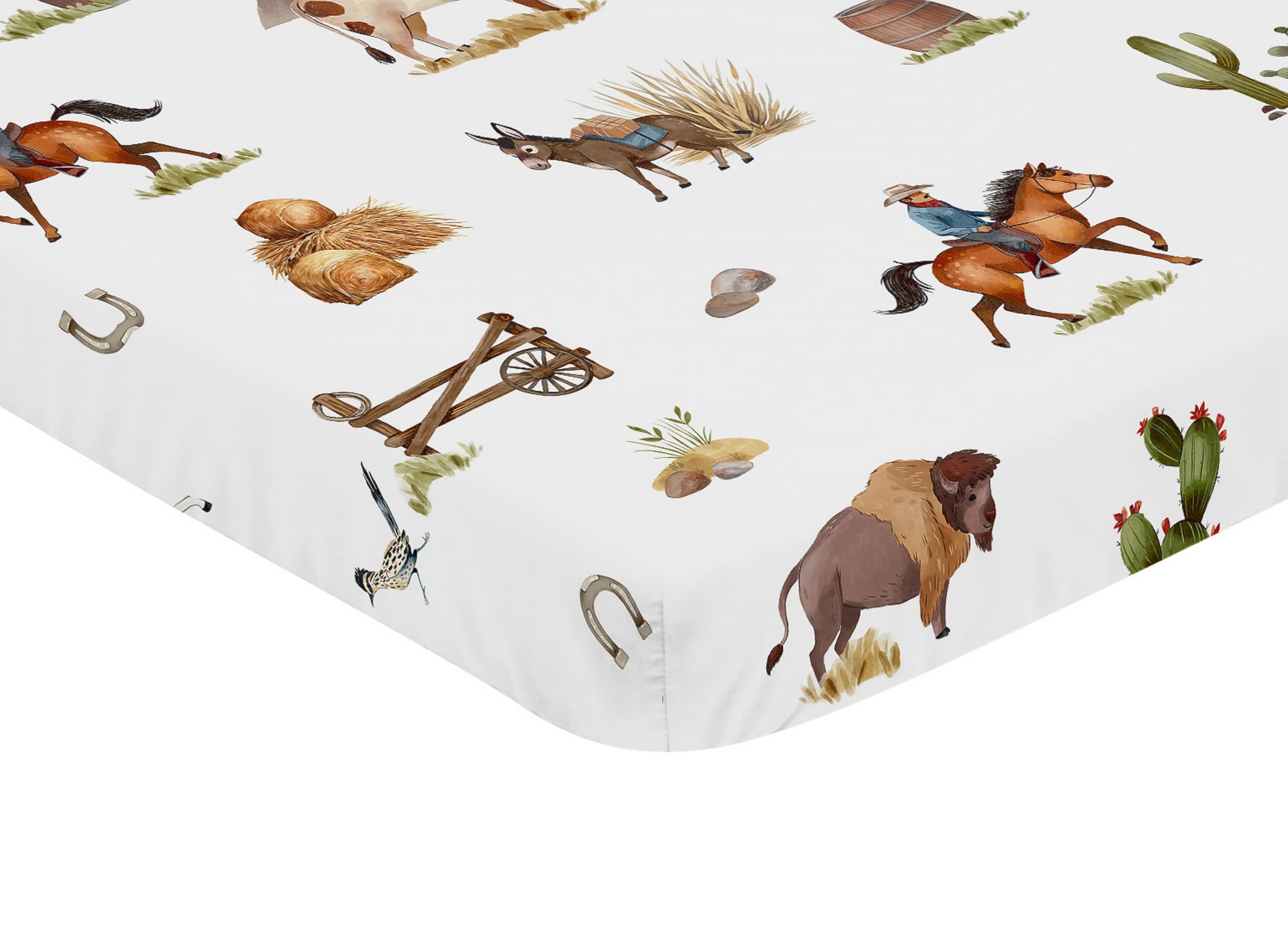 Sweet Jojo Designs horse-print mini crib sheet for pack-and-play setups.