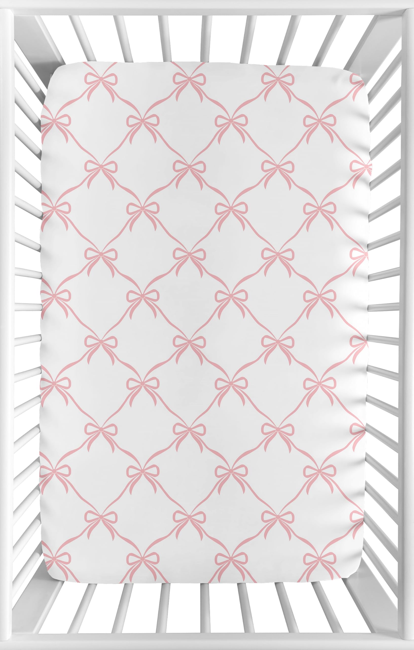 Sweet Jojo Designs mini crib sheet pink bows close-up, soft microfiber gentle on delicate skin.