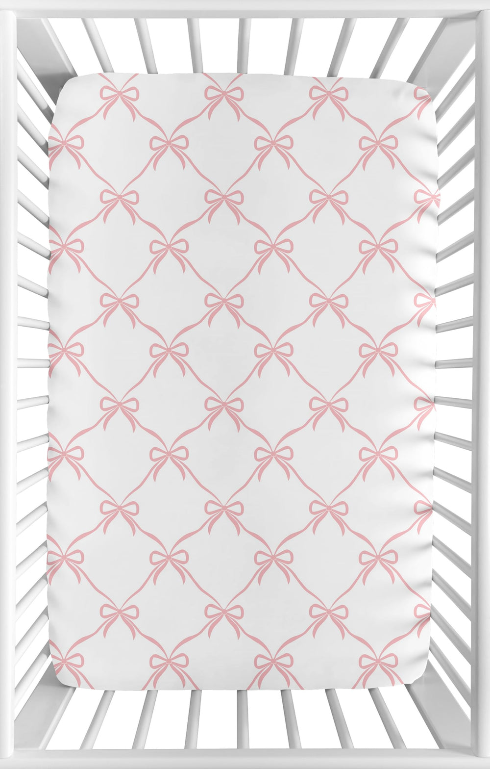 Sweet Jojo Designs mini crib sheet pink bows close-up, soft microfiber gentle on delicate skin.