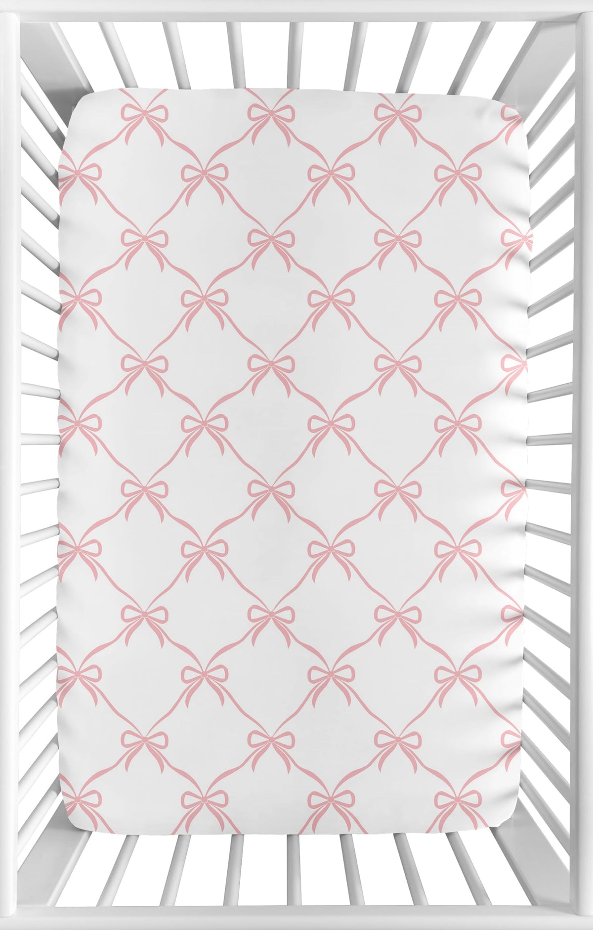 Sweet Jojo Designs mini crib sheet pink bows close-up, soft microfiber gentle on delicate skin.