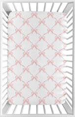 Sweet Jojo Designs mini crib sheet pink bows close-up, soft microfiber gentle on delicate skin.