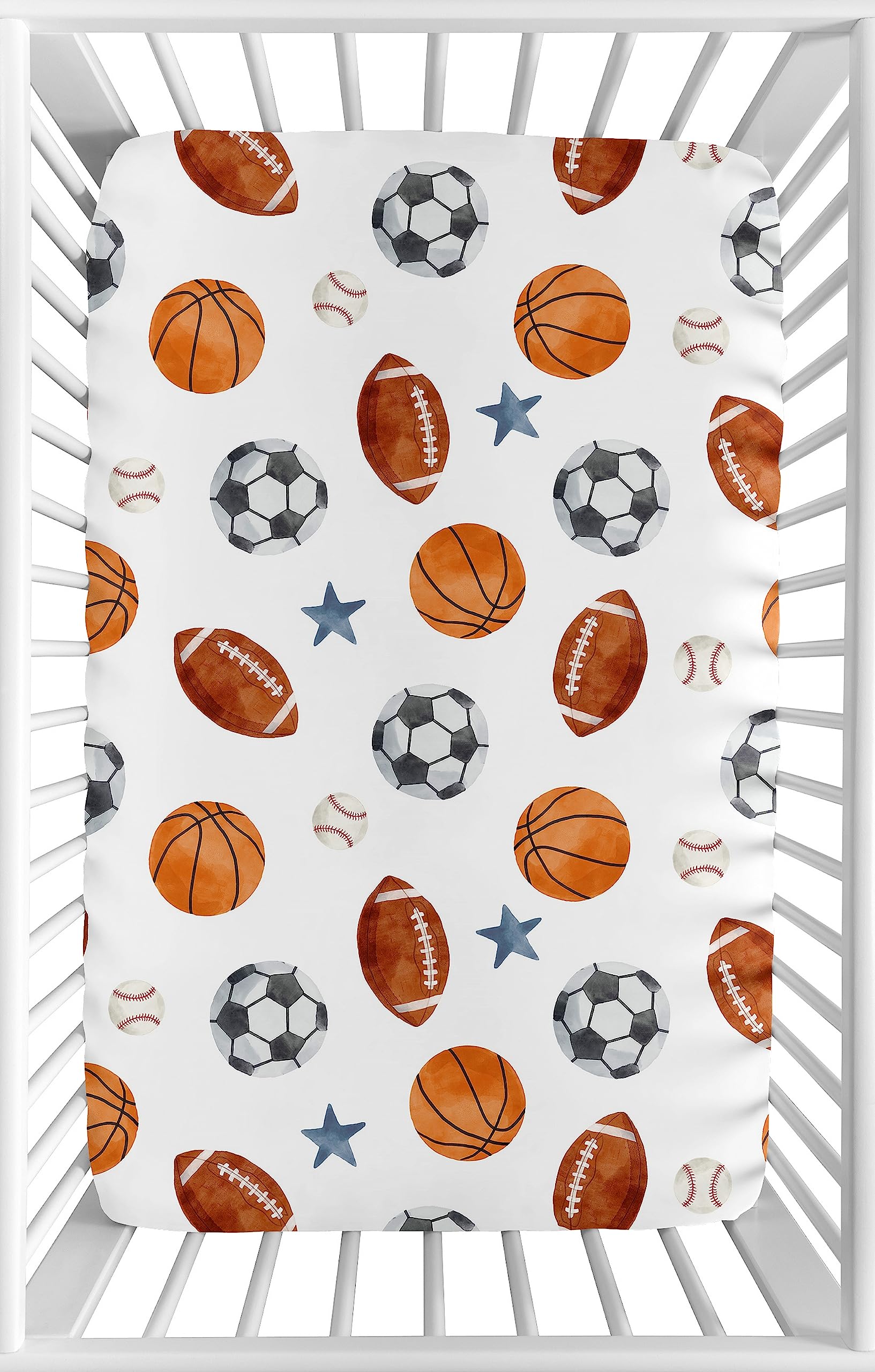 Sweet Jojo Designs mini crib sheet with soccer balls print for a snug fit