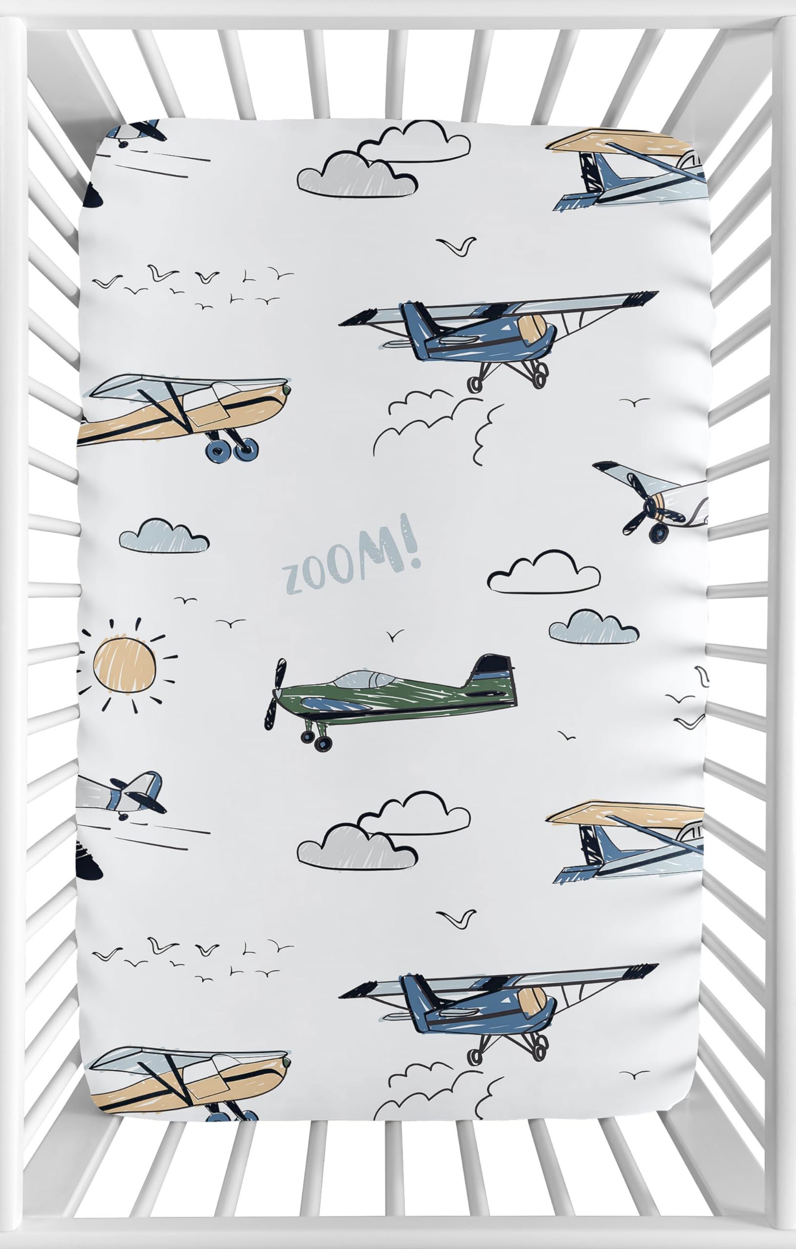 Sweet Jojo Designs mini crib sheet with vintage airplane print for snug sleep